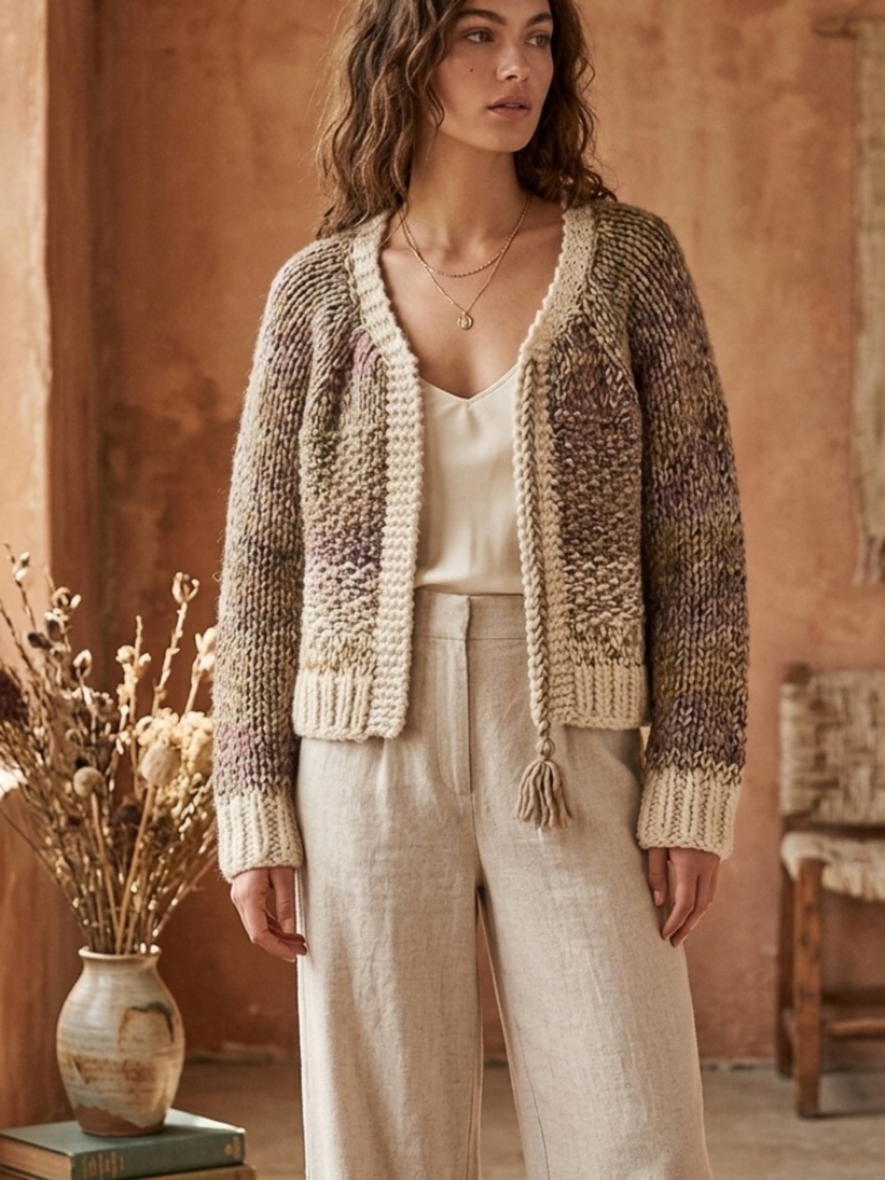 Angel of the North Chunky Knit Multicolor Cardigan Sweater Tassel Tie Cozy Boho